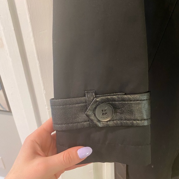 DKNY Small Black Faux Leather Trim Trench Coat - Picture 2 of 9